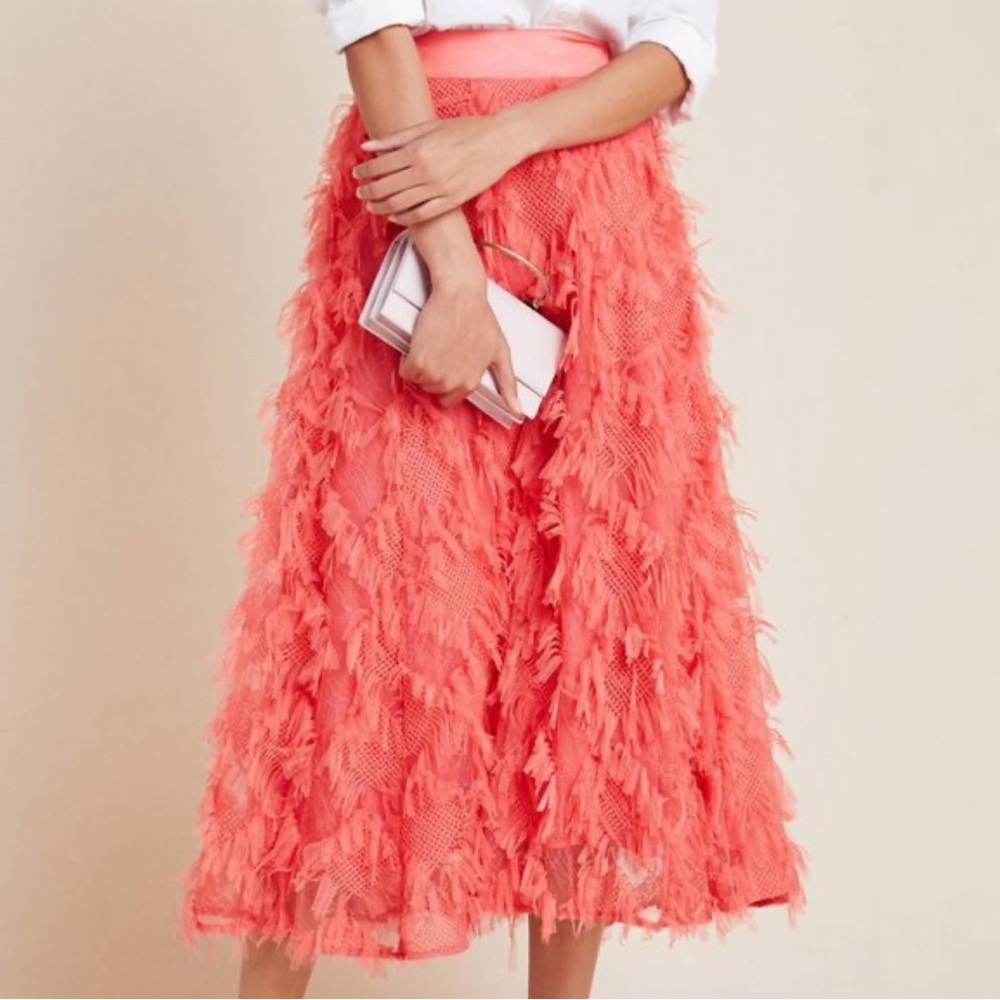 Anthropologie coral maxi skirt with sheer coral ruffles NWOT 4P